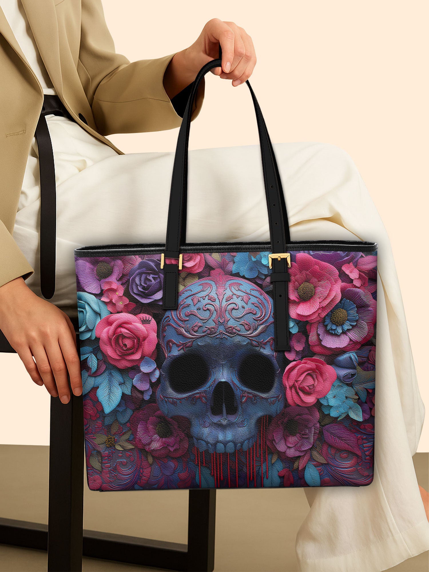Ornate Skull Sleek Leather Tote LB0HH021