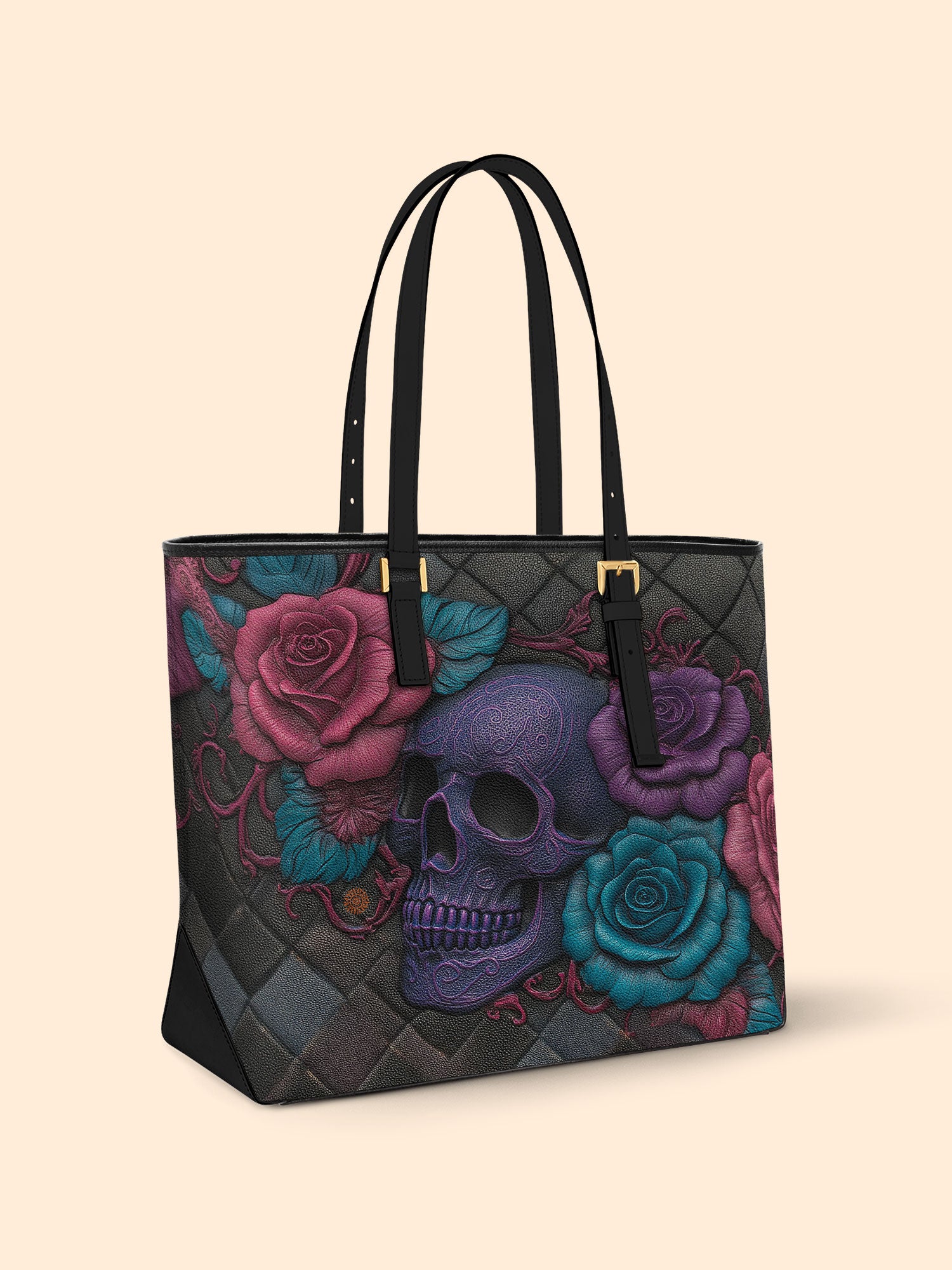 Skull Rose Medley Sleek Leather Tote LB0HH023