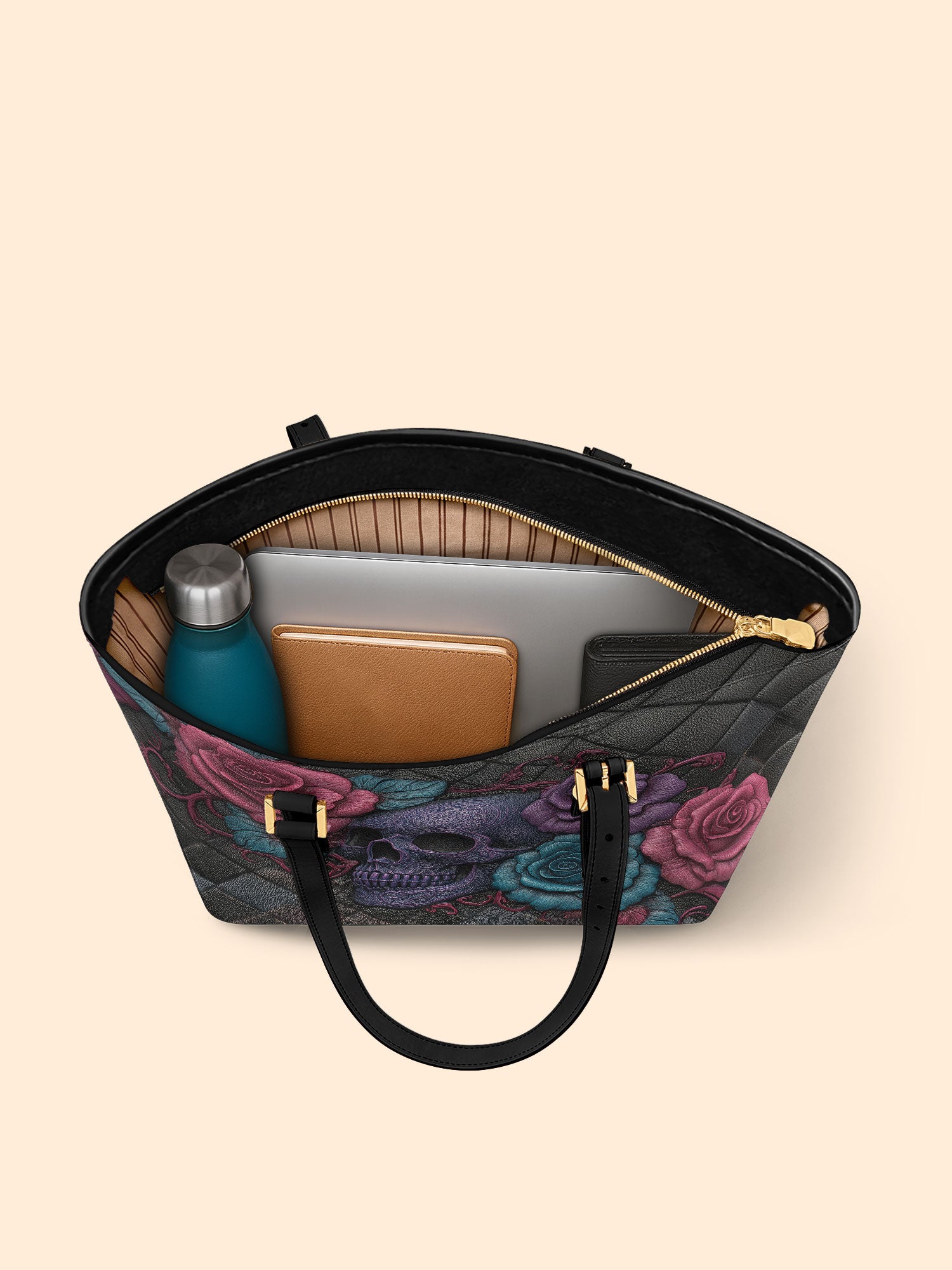 Skull Rose Medley Sleek Leather Tote LB0HH023