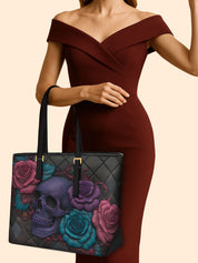 Skull Rose Medley Sleek Leather Tote LB0HH023