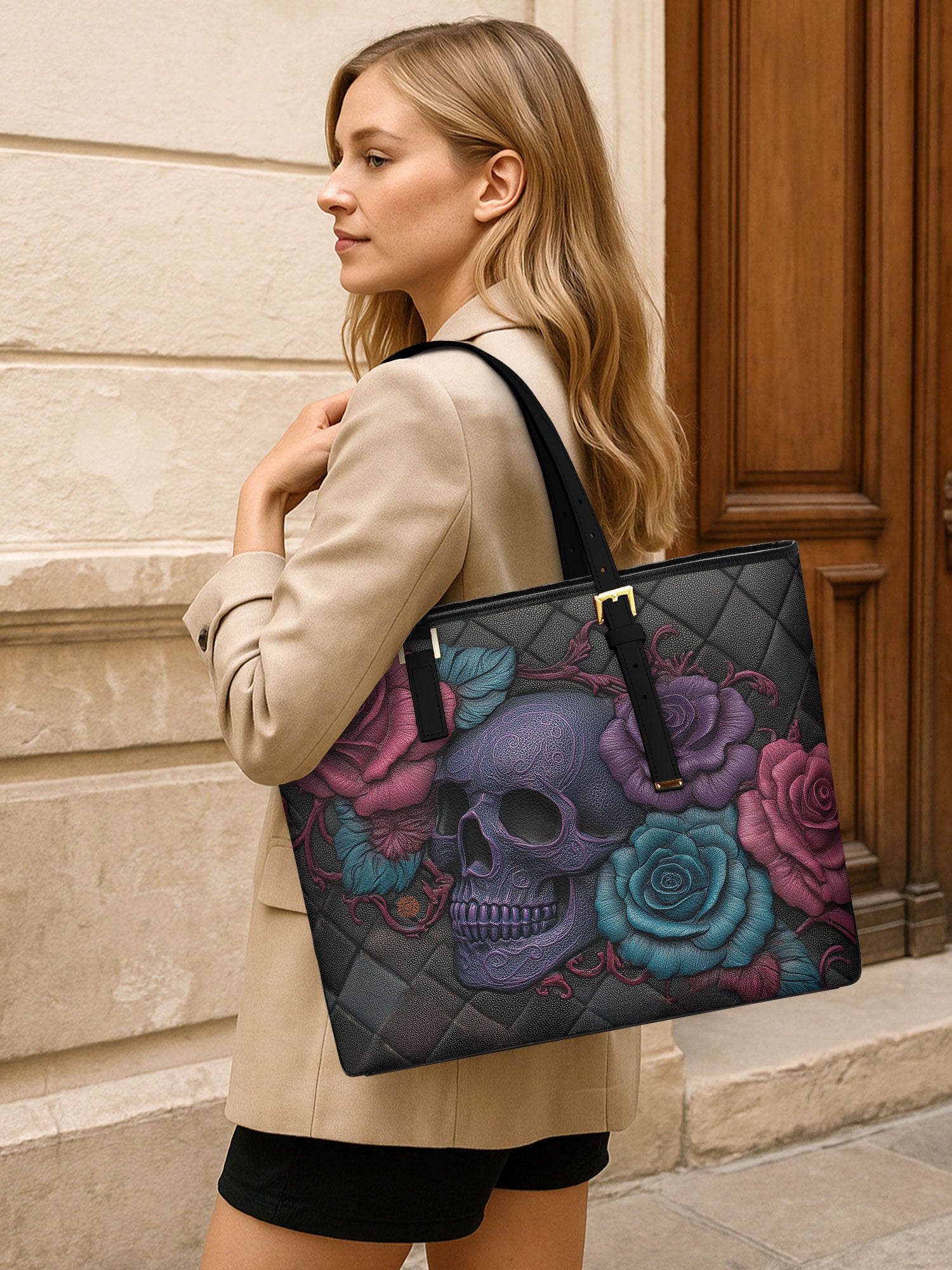 Skull Rose Medley Sleek Leather Tote LB0HH023