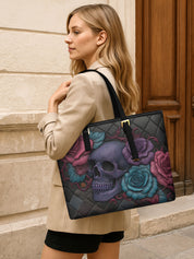 Skull Rose Medley Sleek Leather Tote LB0HH023